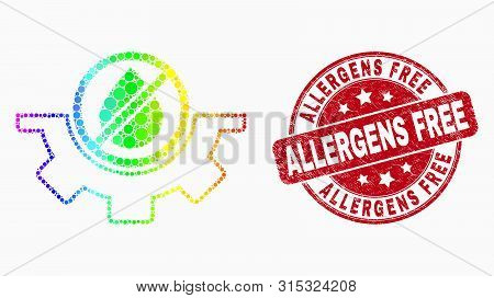 Dotted Bright Spectral Water Service Mosaic Icon And Allergens Free Stamp. Red Vector Round Distress