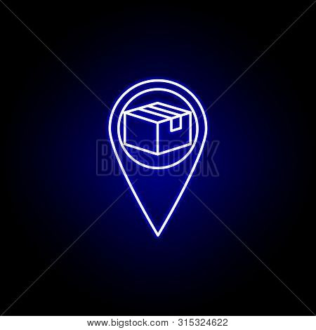 Location Pin Parcel Line Icon In Blue Neon Style. Set Of Logistics Illustration Icons. Signs, Symbol