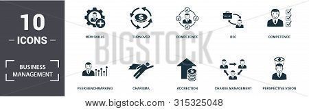 Business Management Icon Set. Contain Filled Flat Achievement Strategy, Change Management, Peer Benc
