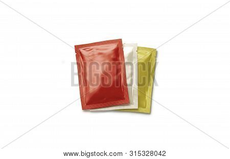 Blank Red, Beige And Yellow Sachet Packet Stack Mockup Set, 3d Rendering. Empty Catsup, Mayo And Mus