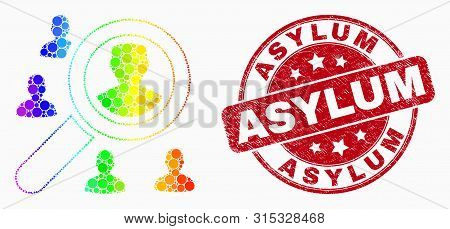 Dotted Spectral Search Users Mosaic Icon And Asylum Seal. Red Vector Round Scratched Seal With Asylu