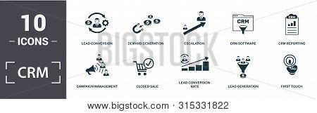 Crm Icon Set. Contain Filled Flat Campaign Management, Closed Sale, Crm Reporting, Crm Software, Dem