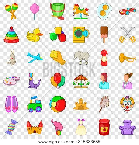 Children In Home Icons Set. Cartoon Style Of 36 Children In Home Icons For Web For Any Design