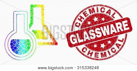 Pixelated Bright Spectral Chemical Glassware Mosaic Pictogram And Chemical Glassware Seal. Red Vecto