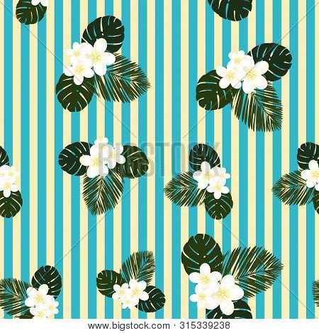Pastel Striped Vector Tropical Pattern. Plumeria, Frangipani.