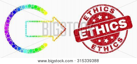 Pixelated Bright Spectral Logout Mosaic Pictogram And Ethics Seal. Red Vector Round Distress Seal St