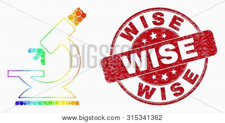 Pixelated Rainbow Gradiented Microscope Mosaic Pictogram And Wise Seal Stamp. Red Vector Round Scrat