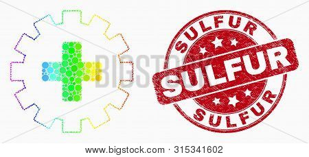 Pixelated Rainbow Gradiented Plus Gear Mosaic Icon And Sulfur Seal Stamp. Red Vector Rounded Grunge 