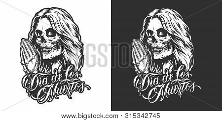 Dia De Los Muertos Badge With Praying Hands Holding Rozary And Woman Head With Day Of Dead Makeup In
