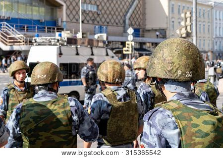 Russia, Moscow. July 27, 2019 Instructing Squad Policemen Before Nomination National Meeting For Fai