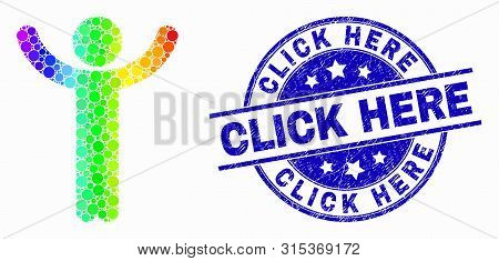 Dot Rainbow Gradiented Hands Up Person Mosaic Icon And Click Here Stamp. Blue Vector Rounded Texture
