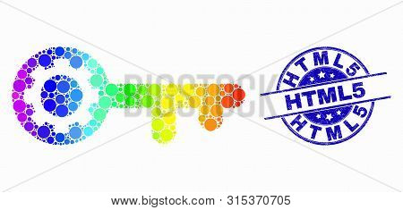 Dotted Spectrum Key Gear Mosaic Pictogram And Html5 Seal Stamp. Blue Vector Rounded Scratched Seal S