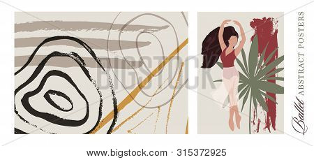 Ballet Dancer Girl Poster Set. Ballerina And Troical Palm Leave Illustration. Abstract Vector Collec