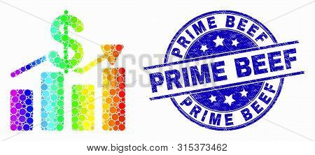 Dot Spectrum Dollar Trends Mosaic Pictogram And Prime Beef Stamp. Blue Vector Round Scratched Stamp 