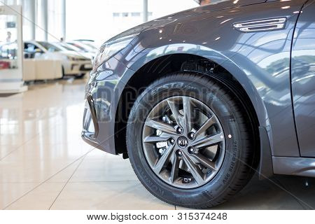 Russia, Izhevsk - July 4, 2019: Showroom Kia. Modern Car Business Class Optima. Side View.