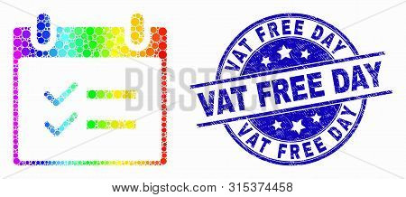 Pixel Spectral Calendar Page Tasks Mosaic Icon And Vat Free Day Seal. Blue Vector Round Scratched Se