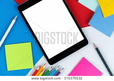 Tablet, E-book, Notes And Pencils Lies On Czech Flag. Mock Up, Copy Space, Pattern, Cardboard Textur