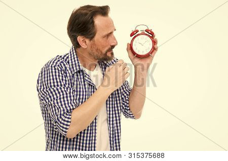 Time Is Marching On. Senior Man Looking At Clock. Bearded Man With Clock. Mature Timekeeper With Clo