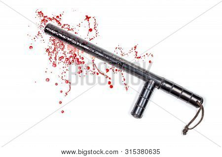 Bloody Russian Police Rubber Tonfa Baton In Blood Spatter Isolated On White Background In Top-down F