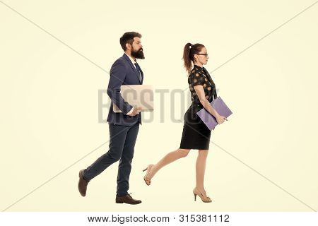 Follow Same Direction. Businessman Bearded Face And Lady With Documents Folder. New Business Directi