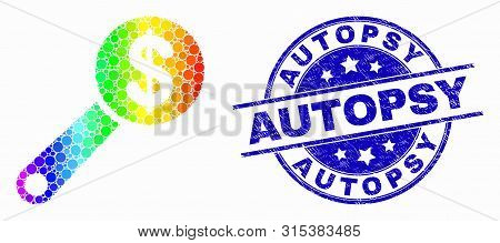 Pixel Rainbow Gradiented Financial Audit Mosaic Pictogram And Autopsy Seal. Blue Vector Rounded Grun