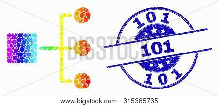 Dotted Rainbow Gradiented Hierarchy Mosaic Icon And 101 Seal Stamp. Blue Vector Rounded Textured Wat