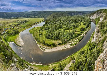 Panorama View On Republic Of Bashkortostan From Above, Aerial View On Summer Forest, River And Mount