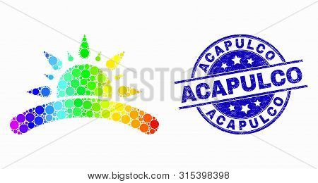Pixel Spectral Sunrise Mosaic Pictogram And Acapulco Seal Stamp. Blue Vector Rounded Distress Seal S