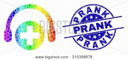 Dotted Rainbow Gradiented Medical Assistance Headphones Mosaic Icon And Prank Seal Stamp. Blue Vecto