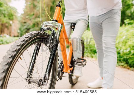 Cropped View Of Faher And Son Stading On Road While Boy Sitting On Bicycle