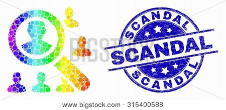 Dotted Spectrum Search Users Mosaic Pictogram And Scandal Seal Stamp. Blue Vector Rounded Distress S