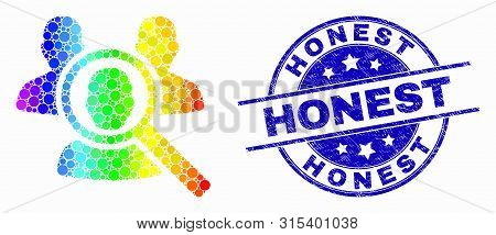 Pixel Rainbow Gradiented Search People Mosaic Pictogram And Honest Seal. Blue Vector Rounded Scratch