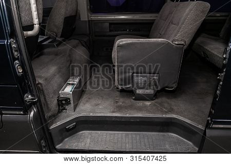 Novosibirsk, Russia - July 12, 2019:  Mitsubishi Delica, Close-up Of The Gray  Rear Seats With Seats