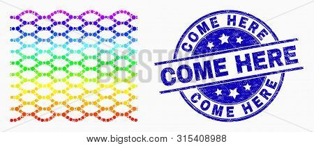 Pixelated Spectrum Rope Mesh Mosaic Pictogram And Come Here Seal Stamp. Blue Vector Rounded Scratche