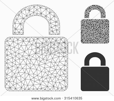 Mesh Lock Model With Triangle Mosaic Icon. Wire Carcass Polygonal Mesh Of Lock. Vector Mosaic Of Tri