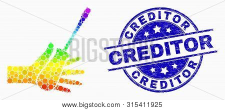 Pixelated Spectrum Hand With Screwdriver Mosaic Pictogram And Creditor Seal. Blue Vector Rounded Scr