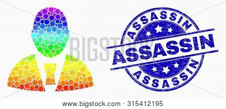 Pixelated Spectrum Manager Profile Mosaic Icon And Assassin Seal Stamp. Blue Vector Round Textured S