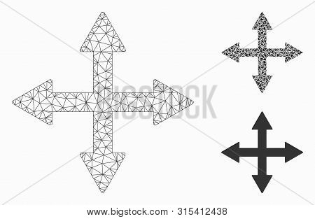 Mesh Quadro Arrows Model With Triangle Mosaic Icon. Wire Frame Triangular Mesh Of Quadro Arrows. Vec