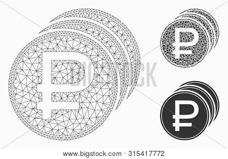 Mesh Rouble Coins Model With Triangle Mosaic Icon. Wire Frame Polygonal Mesh Of Rouble Coins. Vector