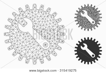 Mesh Service Tools Model With Triangle Mosaic Icon. Wire Carcass Triangular Network Of Service Tools