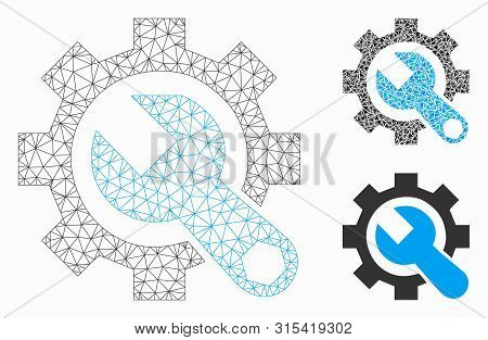 Mesh Service Tools Model With Triangle Mosaic Icon. Wire Frame Triangular Mesh Of Service Tools. Vec
