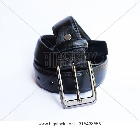 Stylish Black Leather Belt On Isolated White Background