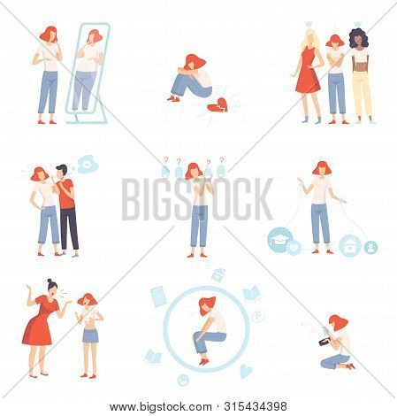 Teenager Puberty Problems Set, Anxiety, Depression, Problems With Parents, Stress At School, Bulling