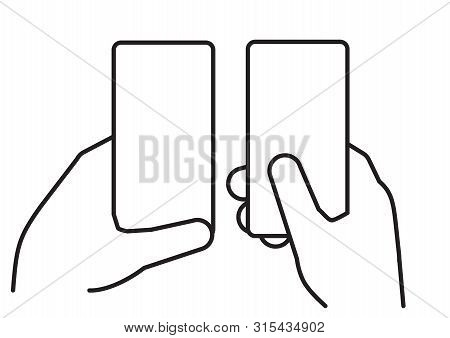 Hand Holds Smart Phone. Two Phones In The Left And Right Hand. Linear Drawing. Vector Illustration