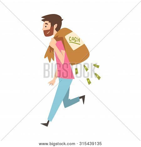 Happy Wealthy Guy Carrying Sack Full Of Money, Lucky Successful Rich Person Millionaire Vector Illus