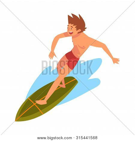 Guy Riding On Ocean Wave, Male Surfer Character In Shorts With Surfboard, Recreational Beach Water S