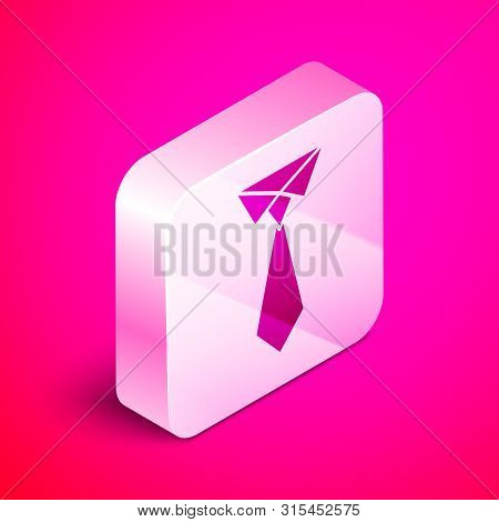 Isometric Tie Icon Isolated On Pink Background. Necktie And Neckcloth Symbol. Silver Square Button. 