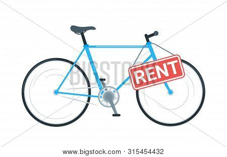 Bike Rental Business Vector Illustration. Modern Bicycle Sharing Service. Cruiser Cycle With Sign Bo
