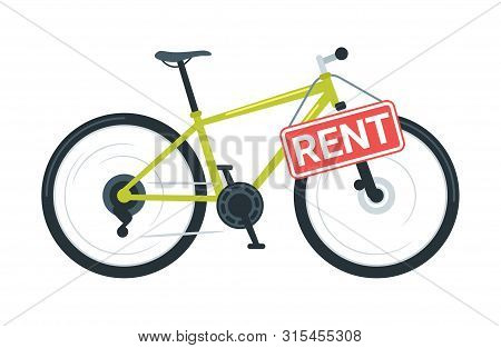 Sport Bike Rental Vector Illustration. Modern Bicycle Sharing Business. Cruiser Cycle With Rent Sign