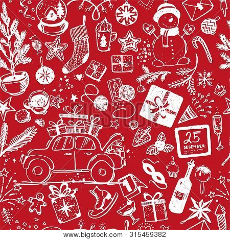 Seamless Christmas Pattern Of White Details With A Line On A Red Background. Doodle Sketch For Fabri